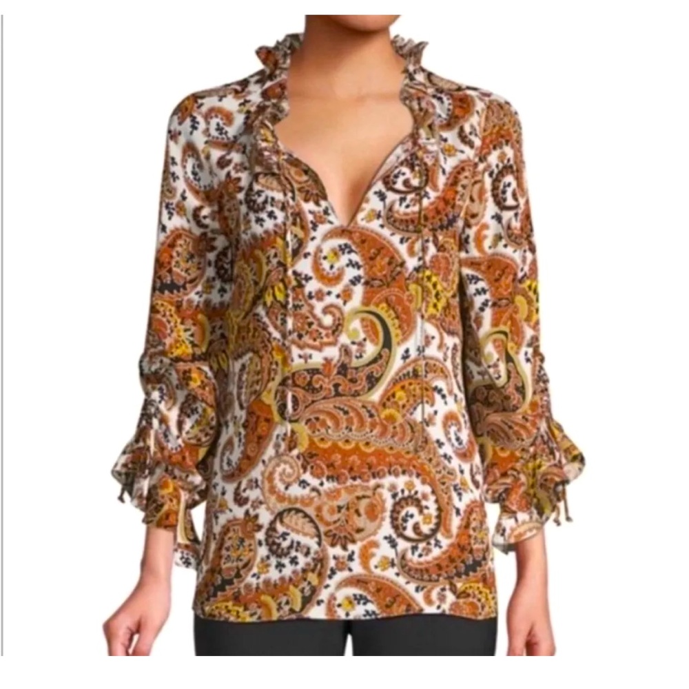Kobi Halperin 100% silk brown paisley Boho peasant cottage blouse ruffle MOD S